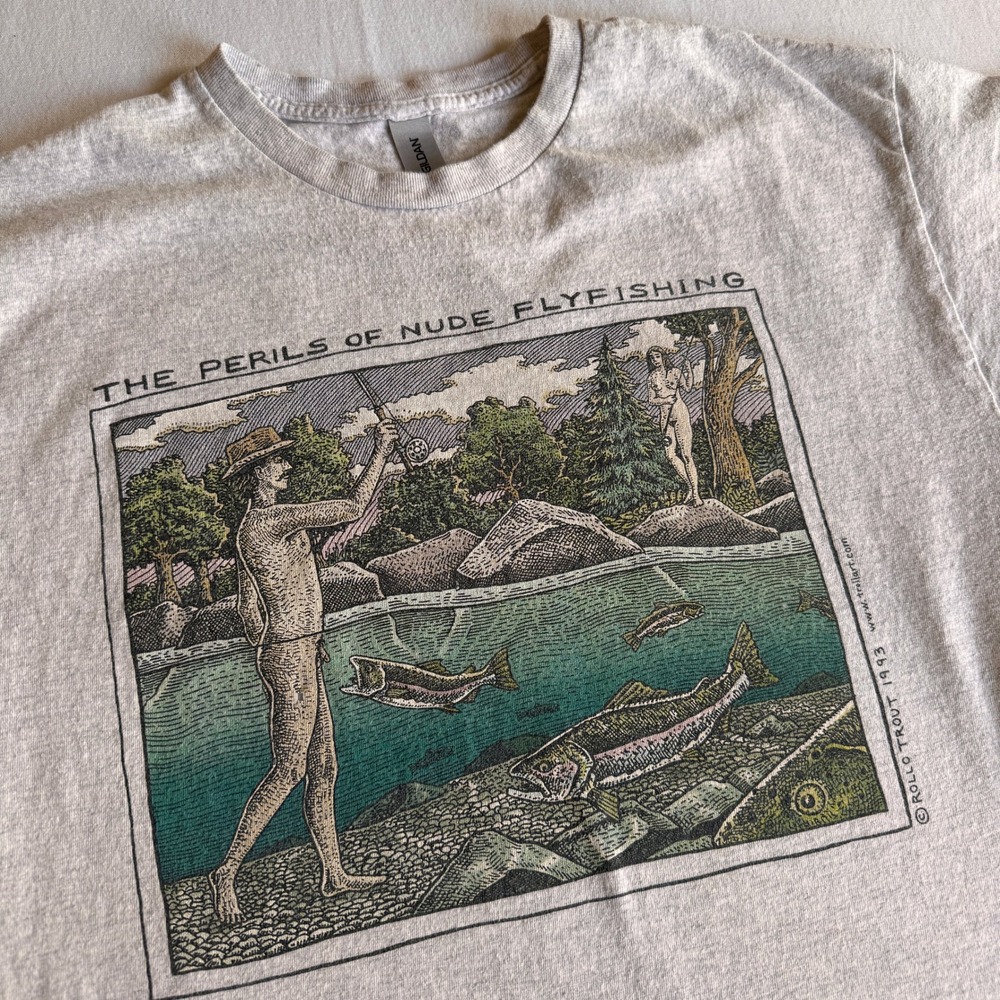 Vintage Gildan Rollo Trout Perils of Nude Flyfishing Graphic T-Shirt Mens L Gray